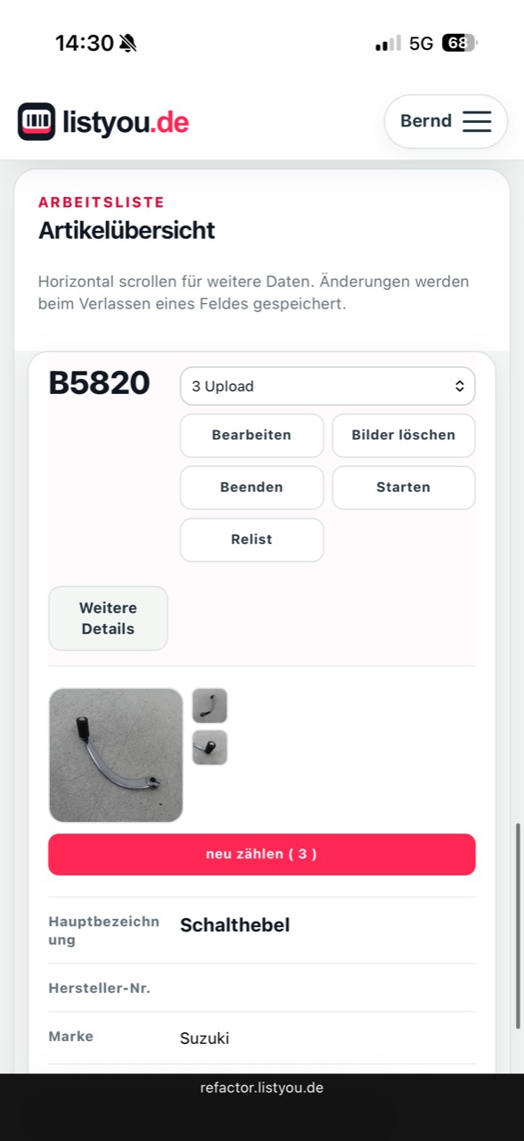 Mobile listyou Artikelübersicht mit Bildern, Artikeldaten sowie Start- und Relist-Aktionen