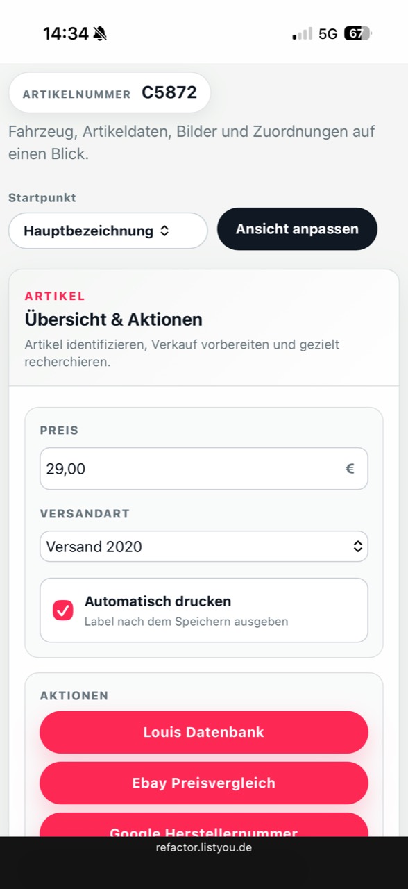 Mobile listyou Oberfläche mit Artikelnummer, Preis, Versandart und Aktionen der Artikelanlage