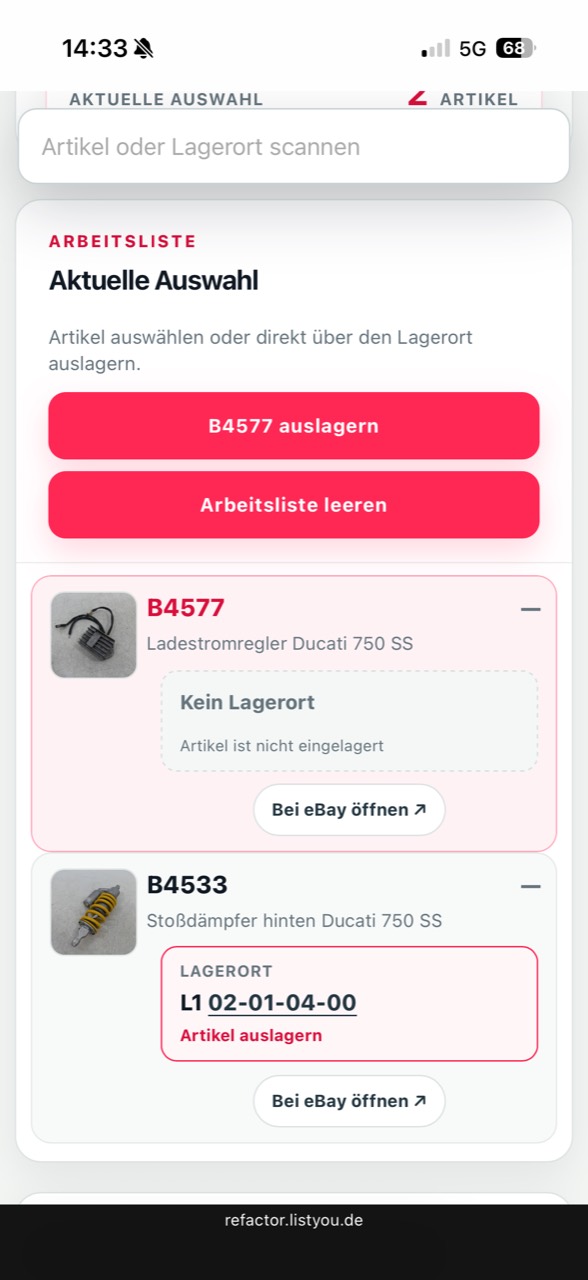 Mobile listyou Lagerverwaltung mit Artikelauswahl, Lagerort und Auslagerungsaktion